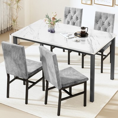 Hooseng 5-Piece Dininng Room Table Set with 4 Uphosltered Dining Chairs, Faux Marble Table Top and Metal Frame Space-Saving Dining Table Set for 4
