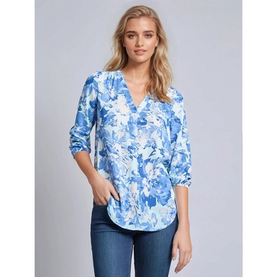 Jones New York Printed V-Neck Pleated Kelly Blouse
