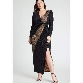 Anna-kaci Women's Plus Size Leopard Print Midi Dress With Faux
