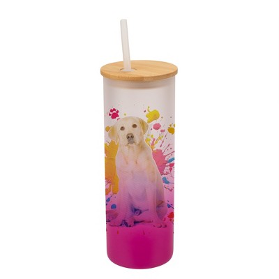 100 North 25 Ounce Frosted Glass Gradient Travel Tumbler With Straw & Wooden Lid, Yellow Labrador Paint Splatter Pink