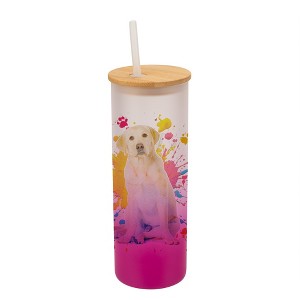 100 North 25 Ounce Frosted Glass Gradient Travel Tumbler With Straw & Wooden Lid, Yellow Labrador Paint Splatter Pink - 1 of 4
