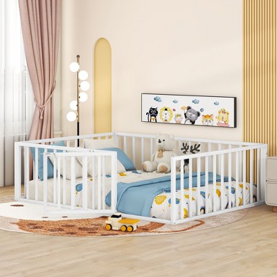 Okak Metal Floor Bed Twin/Full/Queen,Bed Frame with Heightened Fence & Lockable Door, Toddler Bed for Kids Room & Playroom