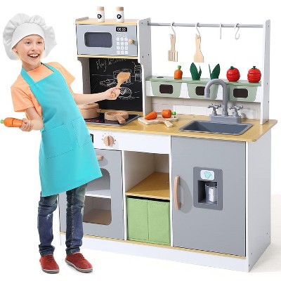 Wooden Kids Kitchen Playset with Toy Storage & Cookware, Ages 3+
