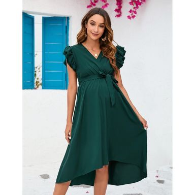 BLUEMING Maternity Dress for Women Summer V Neck Dress with Flutter Sleeve  Tie Wasit High Low Hem Dress Wedding Guest Dress, Dark green - M : Target