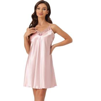 cheibear Women's Satin V-Neck Sleeveless Lace Trim Lounge Camisole Pajama Mini Dress Silky Nightgowns