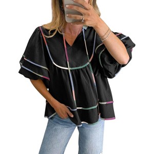 Imily Bela Women's Doll Shirt Top V-Neck Short Lantern Sleeve Blouse Cute Ruffle Flowing Summer Top - 1 of 4