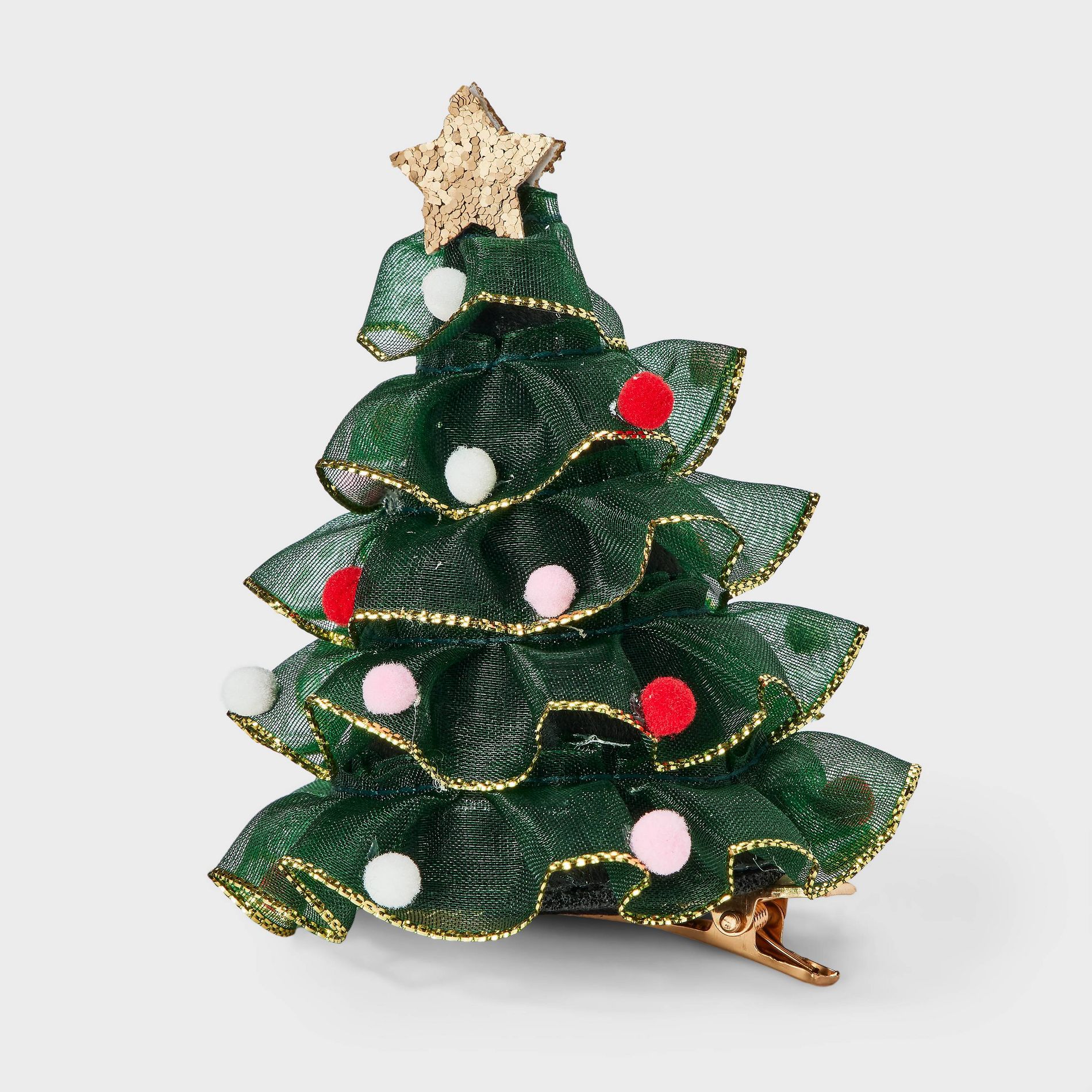 Christmas Tree Pom-pom & Tulle Hair Clip - Green/Red