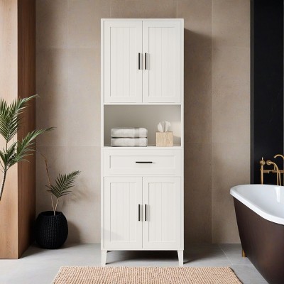 70.9" High Freestanding Tall Bathroom Cabinet with a Drawer, 2 Cabinets, 4 Soft-Close Doors, 2 Adjustable Shelves, Open Storage - Leovsnove