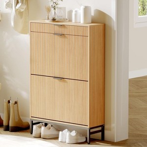 Coucheta 29'' Shoe Storage Cabinet with 2 Flip Doors, Freestanding Narrow Shoe Rack with Open Shelf and Metal Legs, for Entryway Hallway - 1 of 4