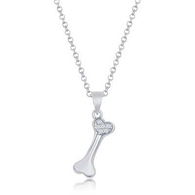 Bella Silver Sterling Silver, CZ Dog Bone 18" Pendant Necklace - Silver
