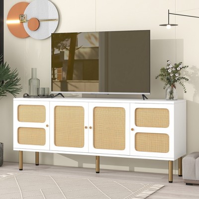 64.9" TV Stand with Rattan Doors, Fits TVs Up to 70", Woven Media Console Table with Gold Metal Base - ModernLuxe