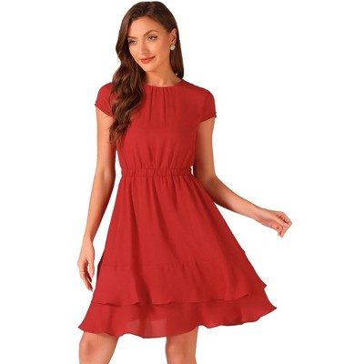 Allegra K Women's Work Ruffle Hem Cap Sleeve High Waist A-Line Layered Midi Dress