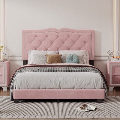 NicBex Full/Queen Size Upholstered Bed Frame with Velvet Tufted Headboard,Platform Bed Frame with Rivet Design,No Box Spring Needed,Easy Assembly