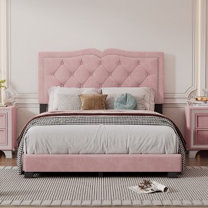 NicBex Full/Queen Size Upholstered Bed Frame with Velvet Tufted Headboard,Platform Bed Frame with Rivet Design,No Box Spring Needed,Easy Assembly - 1 of 4