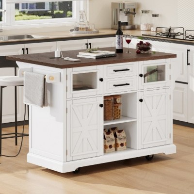 Rolling Kitchen Island Cabinet with Outlet,Kitchen Storage Cart, Mobile Storage Cart with Glass Doors for Kitchen or Dining Room – The Pop Home