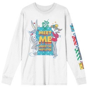 Looney Tunes Meet Me Under The Mistletoe Crew Neck Long Sleeve White Adult Tee - 1 of 3