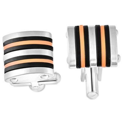 Pompeii3 Men's Polished Stainless Steel Brushed Black And Orange 16mm Cufflink