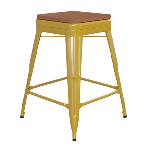 Flash Furniture Kai Commercial Grade 24" High Backless Metal Indoor-Outdoor Counter Height Stool with Poly Resin Wood Seat - 1 of 4