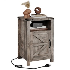 AOXUN End Table with Charging Station, Farmhouse Nightstand with Barn Door, Sofa Side Table with Storage Space,Grey - 1 of 4