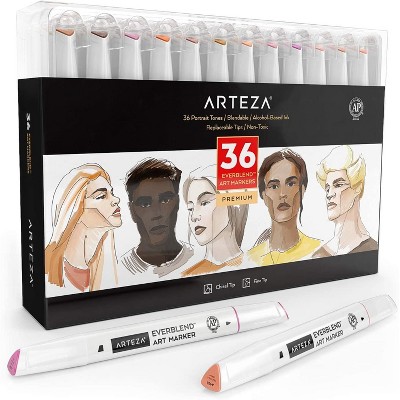 Arteza Professional EverBlend Dual Tip Ultra Artist Brush Sketch Markers,  Bright Colors, Replaceable Tips - 12 Pack 