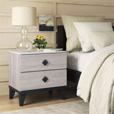 ORRD Modern Side Table, 2-Drawer Bedside Storage Nightstand, Marble Print Top, Beige