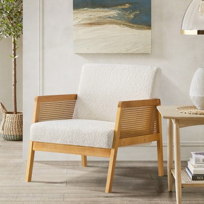 Mid-Century Modern Teddy Fabric Accent Chair with Rattan Armrests, Solid Wood Lounge Armchair for Living Room Bedroom-3irtyhousy
