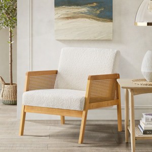 Mid-Century Modern Teddy Fabric Accent Chair with Rattan Armrests, Solid Wood Lounge Armchair for Living Room Bedroom-3irtyhousy - 1 of 4