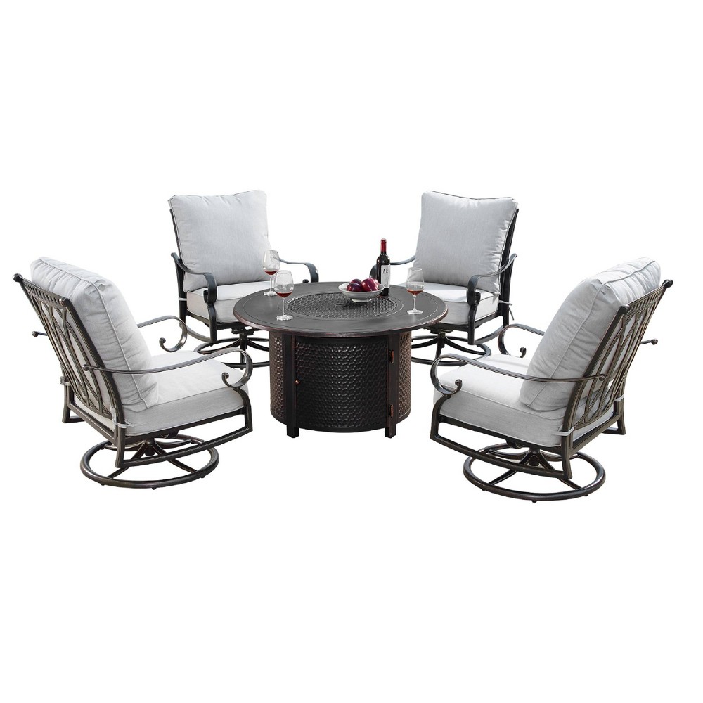 Photos - Garden Furniture 5pc Outdoor Dining Set with 44" Round Fire Table, 4 Deep Seating Swivel Ro