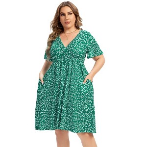 Coolmee Women's Plus Size Floral Midi Dress Wrap V Neck Ruffle Short Sleeve A Line Casual Dress - 1 of 4