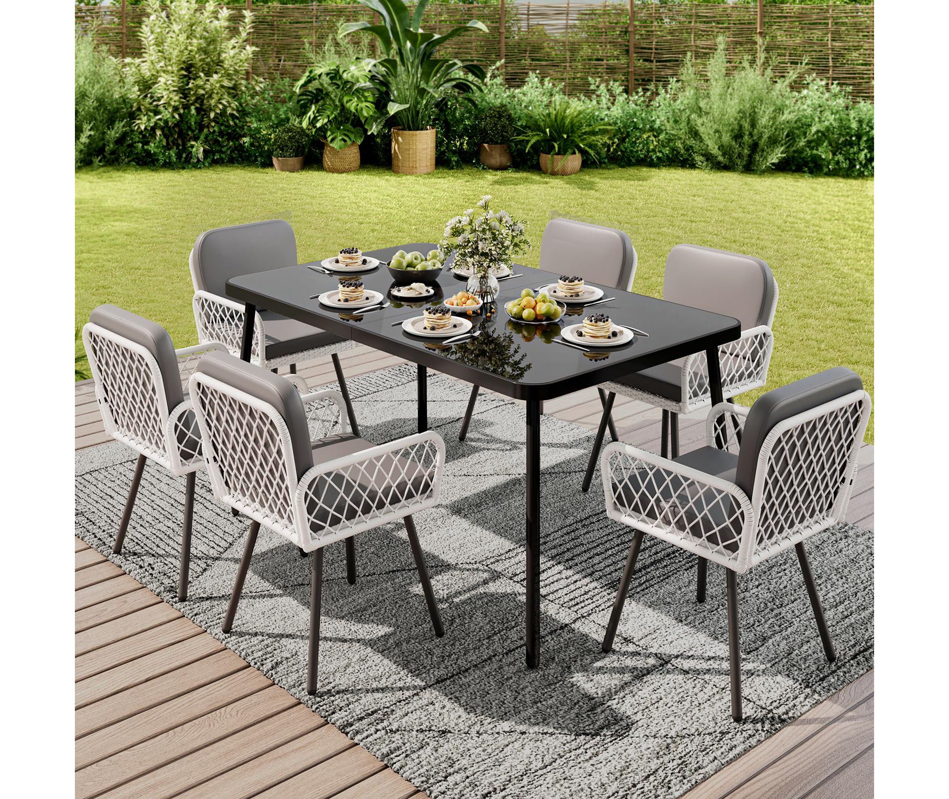 Outdoor Dining Table with 5mm Tempered Glass Top & Iron Frame, Large Black Patio Table for Garden, Restaurant, Weather-Resistant Metal Outside Table