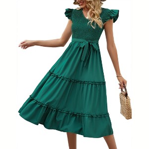 Women's Summer V Neck Smocked Maxi Dress Puff Sleeve Pregnancy Baby Shower Photoshoot Dress - 1 of 4
