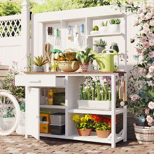 Garden Potting Bench Table Outdoor Patio Workstation with Drawer, Shelves, Cabinet, Pegboard with Hooks, Fir Wood Frame,Natural/White/Brown-ModernLuxe - 1 of 4