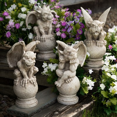 Gray Polyresin Gargoyles on Pedestals Garden Statue Set