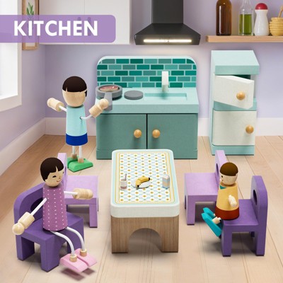 Etokfoks Wooden Dollhouse Furniture Set 39 Pcs 5 Rooms Family Dolls Pets All Wood Doll House Accessories Pretend Play for Kids Ages 3 — фото 6