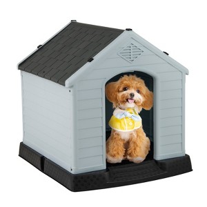Tangkula Dog House for Small Dogs Waterproof Plastic Dog Houses with Air Vents and Elevated Floor Feeding Station Kennel House Gray - 1 of 4