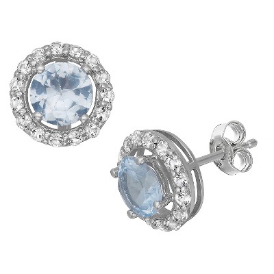 6mm Round-Cut Aquamarine Halo Stud Earrings in Sterling Silver