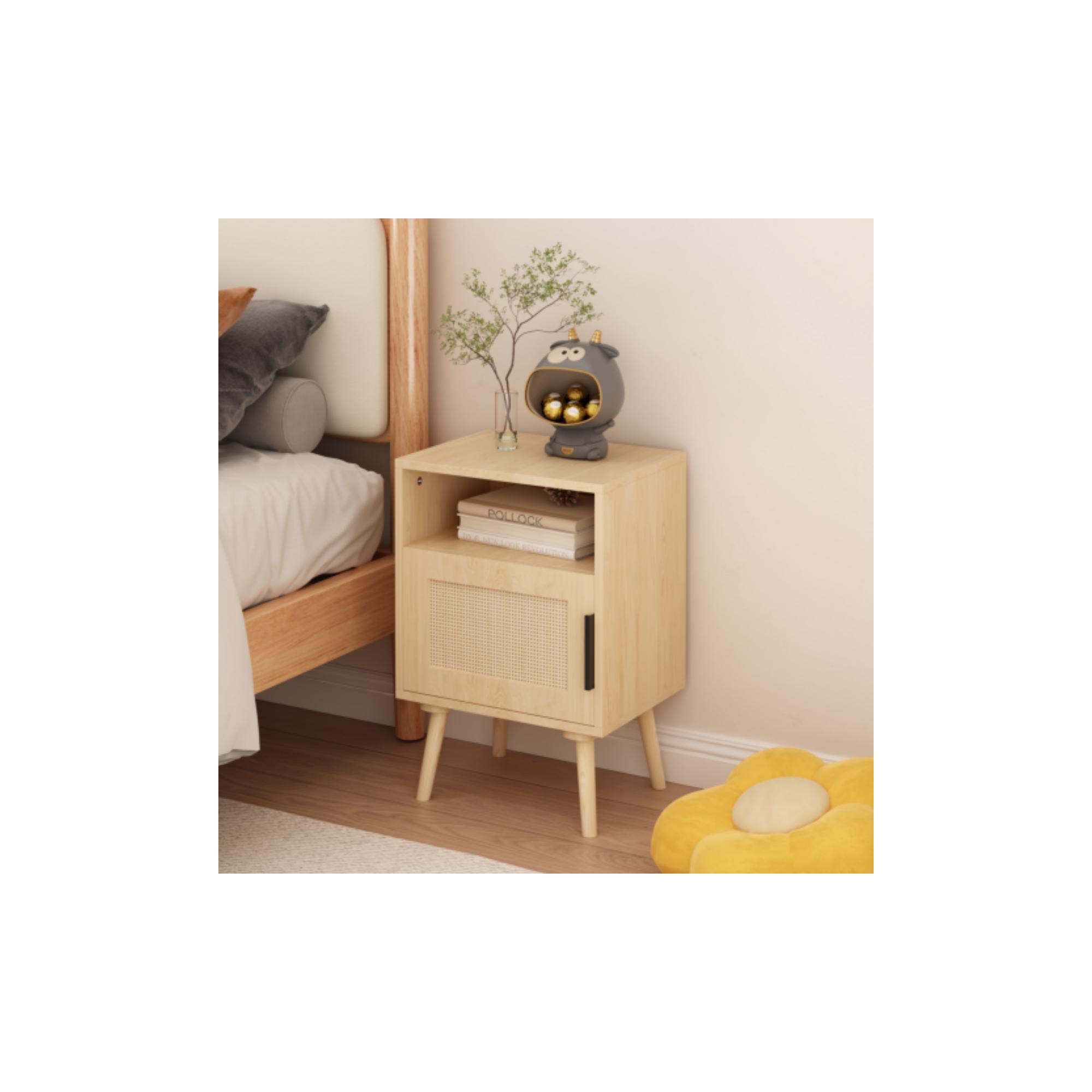 Modern Light Oak Nightstand with Rattan Door and Open Shelf, Bedside Table with Solid Wood Legs for Bedroom or Small Spaces - Panipeachy