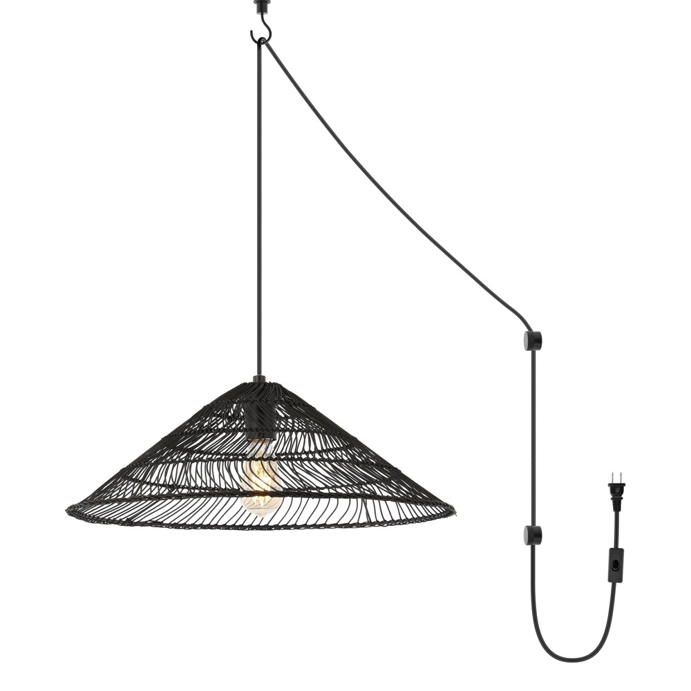 20.25" 1-Light Nova Farmhouse Coastal Rattan LED Pendant Black - JONATHAN Y: UL Listed, Adjustable Height, Includes LED Bulb