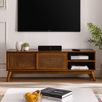 Chic Crate - 60" Mid-Century Media Console w/ Rattan & Solid Wood - 65"+ TV Stand for Living/Media Rooms - Natural Oak