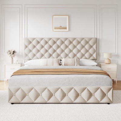 Full Size Bed Frame with 4 Storage Drawers and Headboard, Linen Upholstered Platform Bed Frame