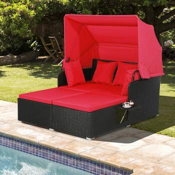 Tangkula Patio Hand-Woven PE Wicker Daybed Outdoor Loveseat Sofa Set w/ Red Cushions