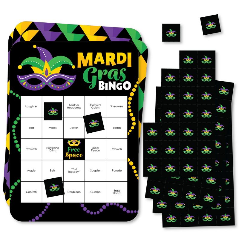 Big Dot of Happiness Colorful Mardi Gras Mask - Bingo Cards and Markers - Masquerade Party Bingo Game - Set of 18, 1 of 6