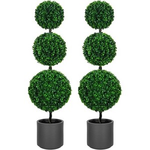 3FT 4FT Triple Ball Topiary Artificial Tree Faux Shrubs Plant Realistic Silk Tree with Gray Planter for Home or Office Outdoor Decoration Set of 2 - 1 of 4