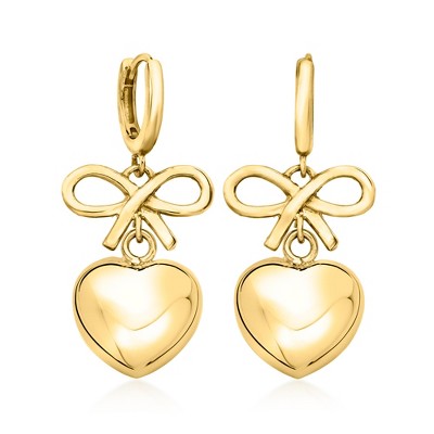 Ross-Simons Italian 18kt Gold Over Sterling Bow and Heart Huggie Hoop Drop Earrings