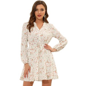 Allegra K Women's Floral Print Button Front Puff Sleeve Tie Waist Shirt Dress - 1 of 4