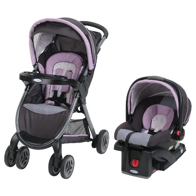 purple stroller with car seat