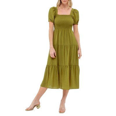 August Sky Women's Smocked Solid Tiered Midi Dress