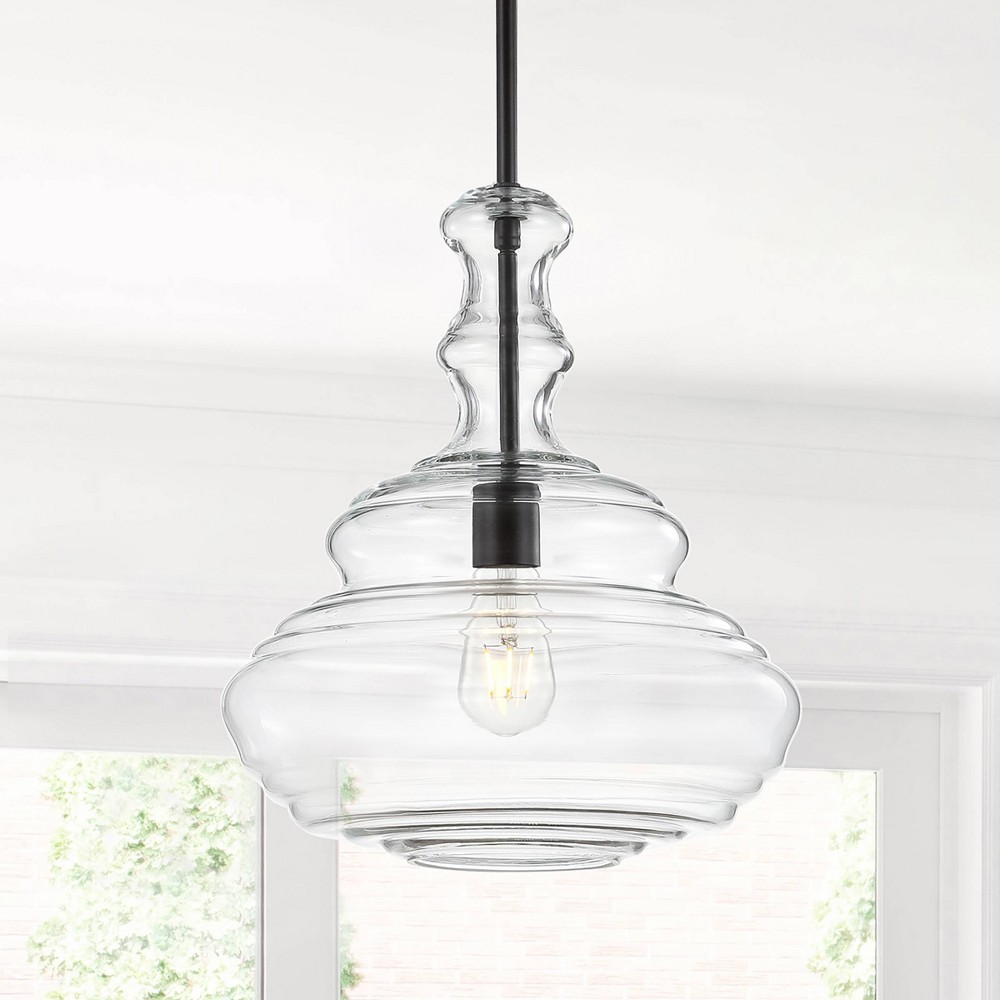 Photos - Chandelier / Lamp JONATHAN Y 13.375" Glass/Metal Bettina Pendant  Black: ETL Listed, Adjustable Height(Includes LED Light Bulb)