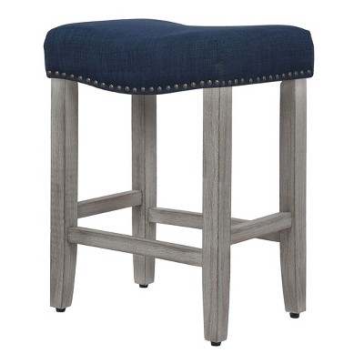Navy Blue 24" Wooden Saddle Bar Stool with Linen Upholstery