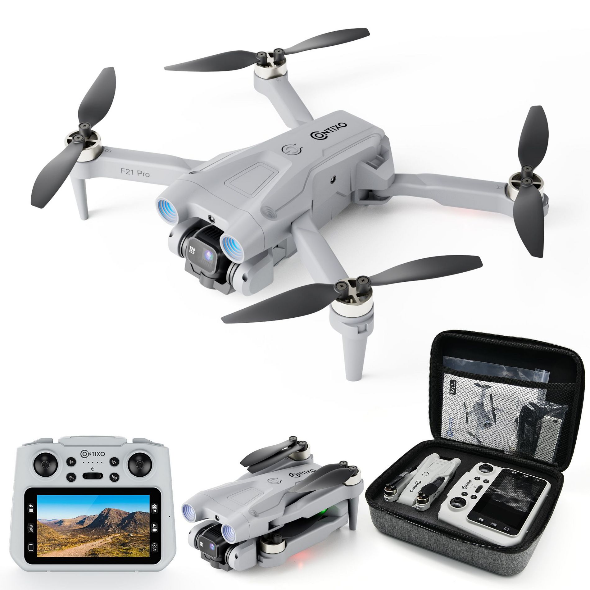 Contixo F21 Pro Foldable Drone with 4.3" Screen Remote, Obstacle Avoidance, Brushless Motors, 2 Batteries for Beginners